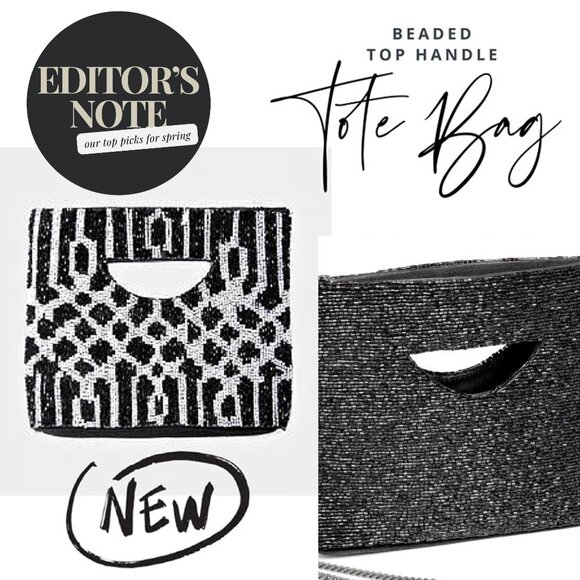 Glass Sparkle Seed Beaded Top Handle Tote Bag Handbag Spring Black NEW - Picture 2 of 5